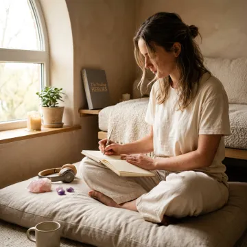 Woman journaling in a calming holistic healing space