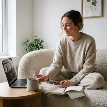 Woman journaling beside tea during a calming virtual healing session