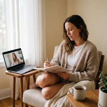 Woman journaling during a virtual wellness session