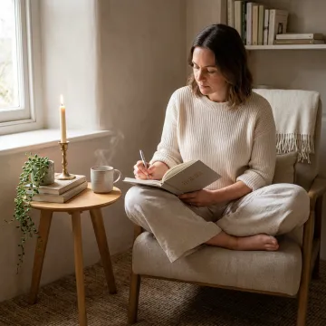 Woman journaling in a calm personal development space