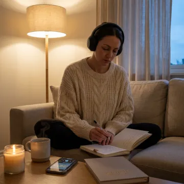 Woman listening to a self-love podcast