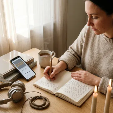 Woman reflecting with journal and wellness resources