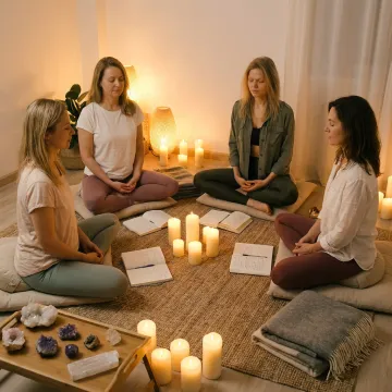 Women in a peaceful spiritual healing retreat setting