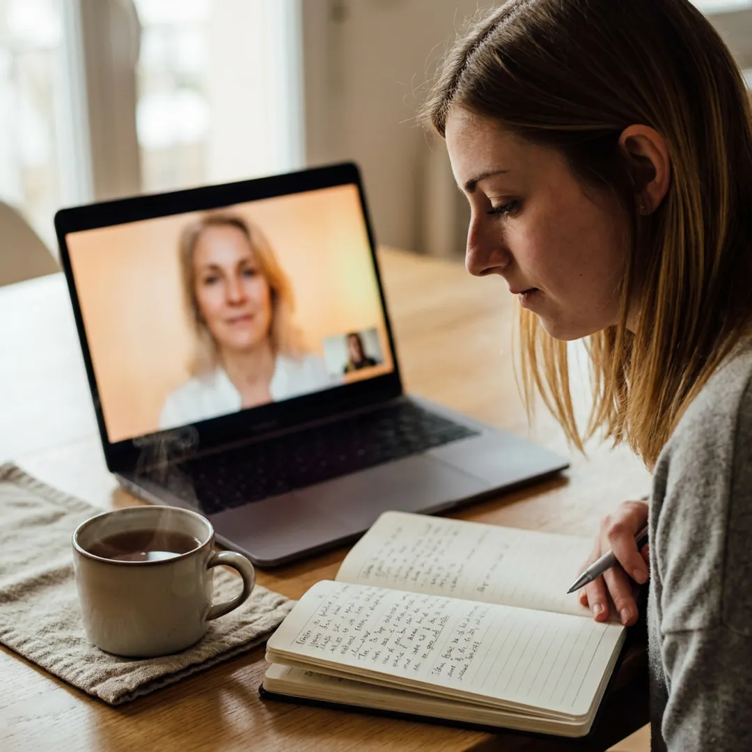 Woman reflecting during a virtual healing consultation