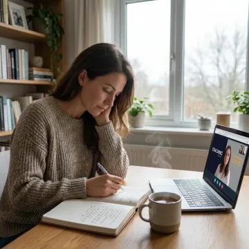 Woman reflecting during virtual burnout consultation