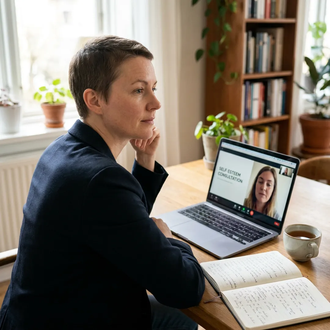 Woman reflecting during virtual self-esteem consultation