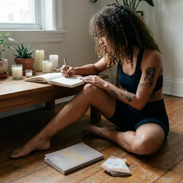 Woman reflecting with journal in calming wellness space