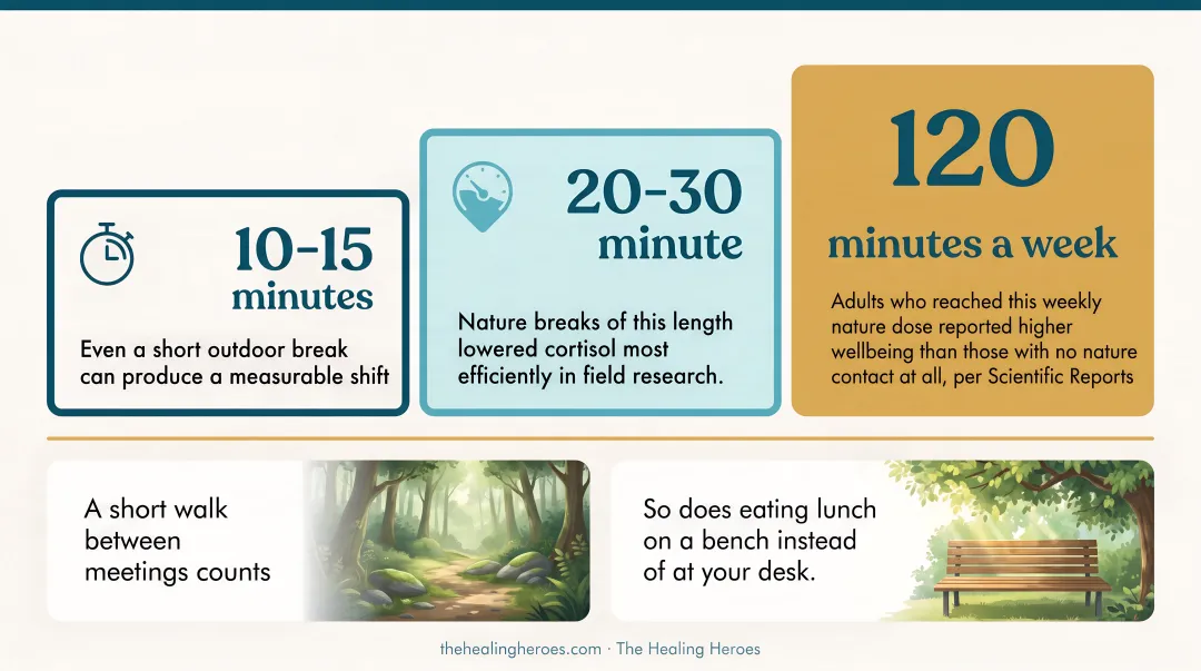 Nature exposure duration versus stress reduction and wellbeing benefits chart