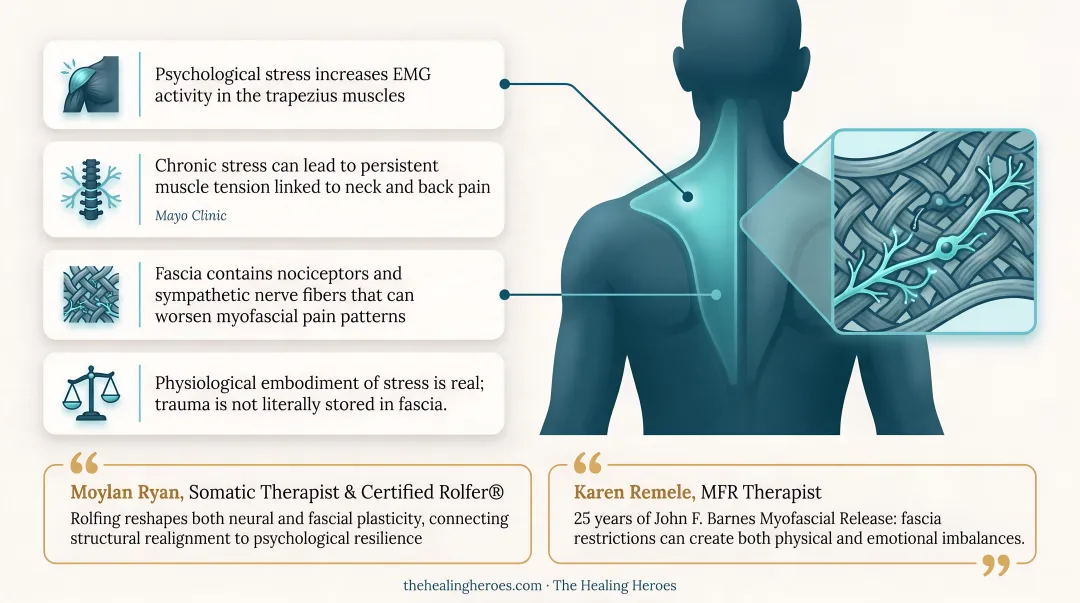 Chronic stress pathway from muscle tension to fascia pain infographic