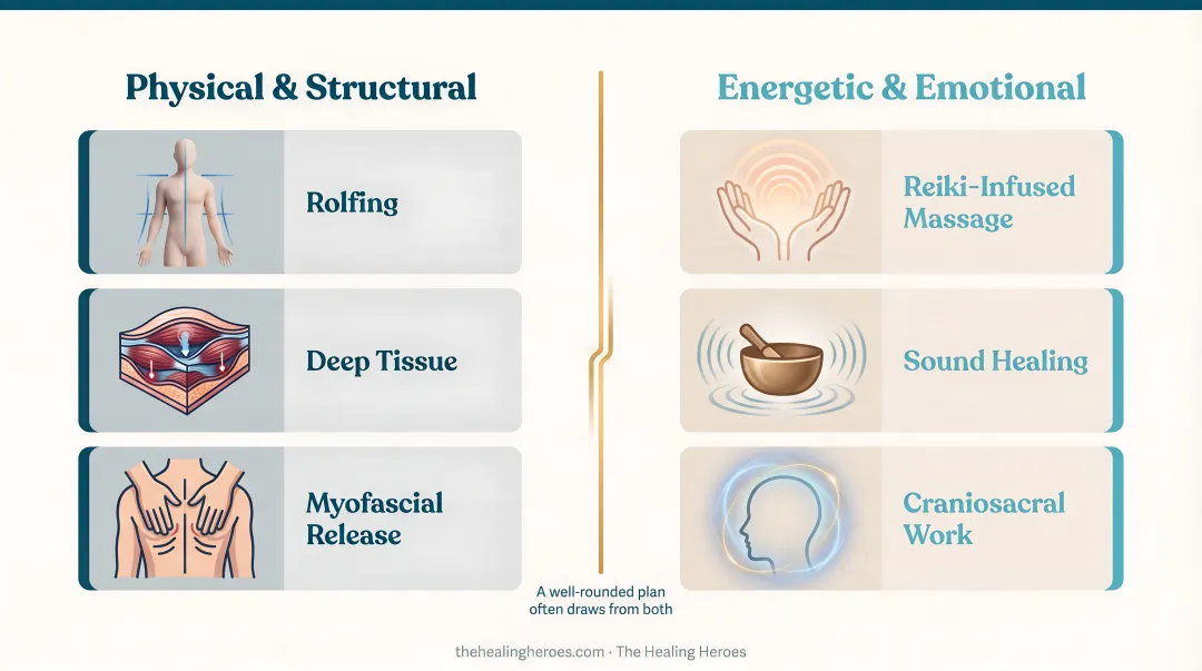 Six bodywork modalities comparison chart from Swedish massage to Rolfing
