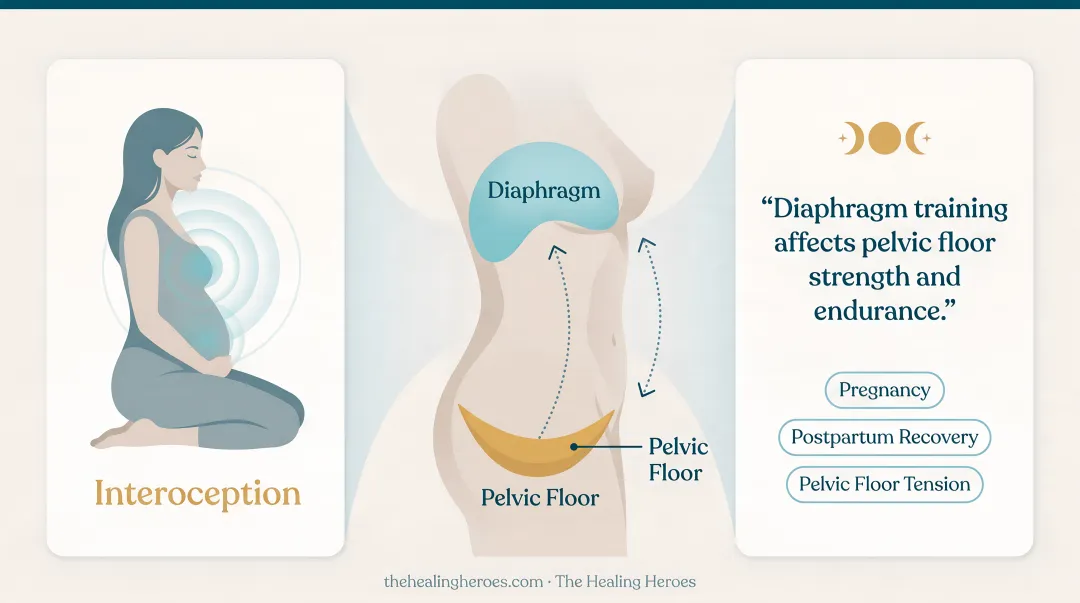 Diaphragm and pelvic floor connection diagram showing breathwork benefits for women