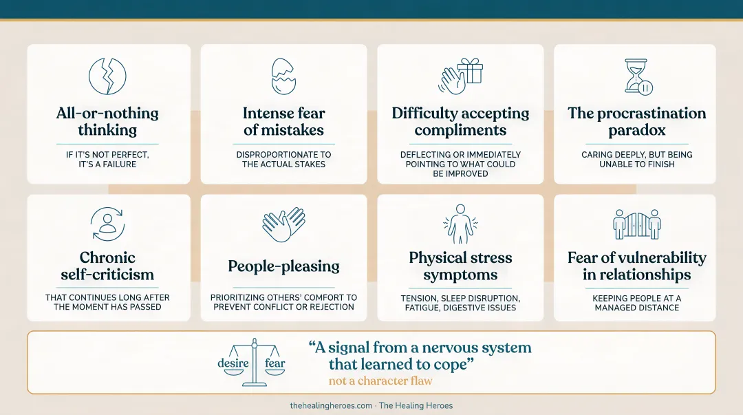 Eight signs of trauma-based perfectionism checklist distinguishing fear-driven versus healthy striving