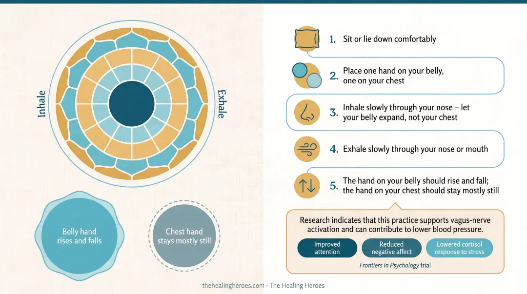 5-step diaphragmatic belly breathing technique instructions with hand placement guide