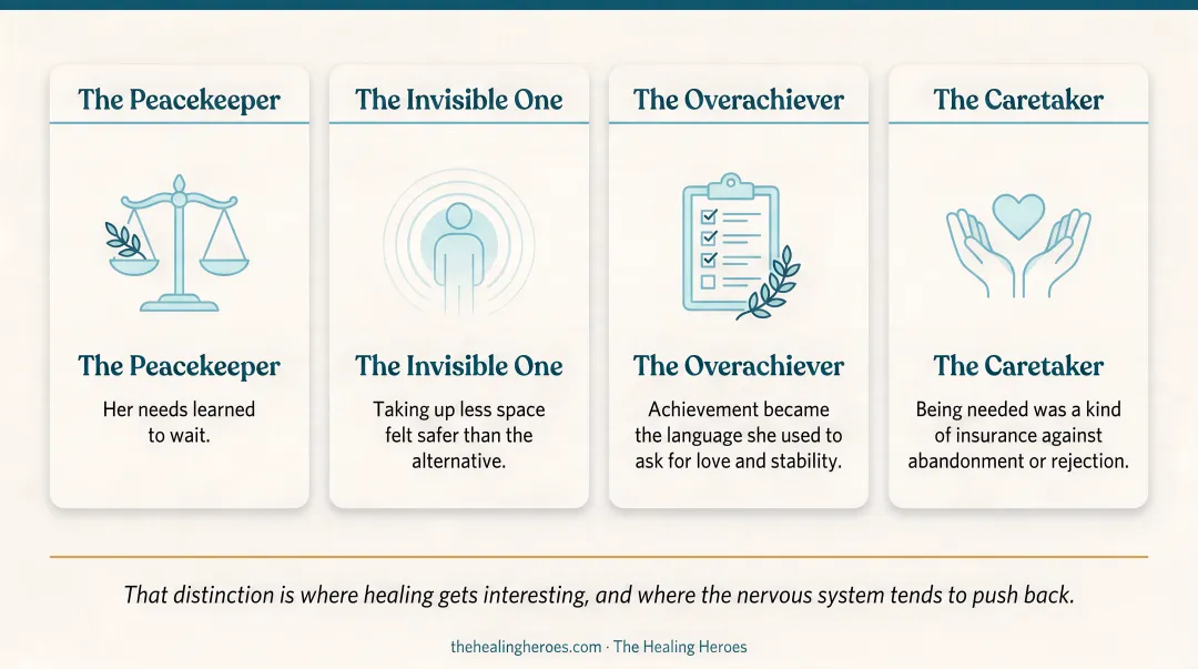 Four trauma survival roles women adopt peacekeeper invisible overachiever caretaker infographic