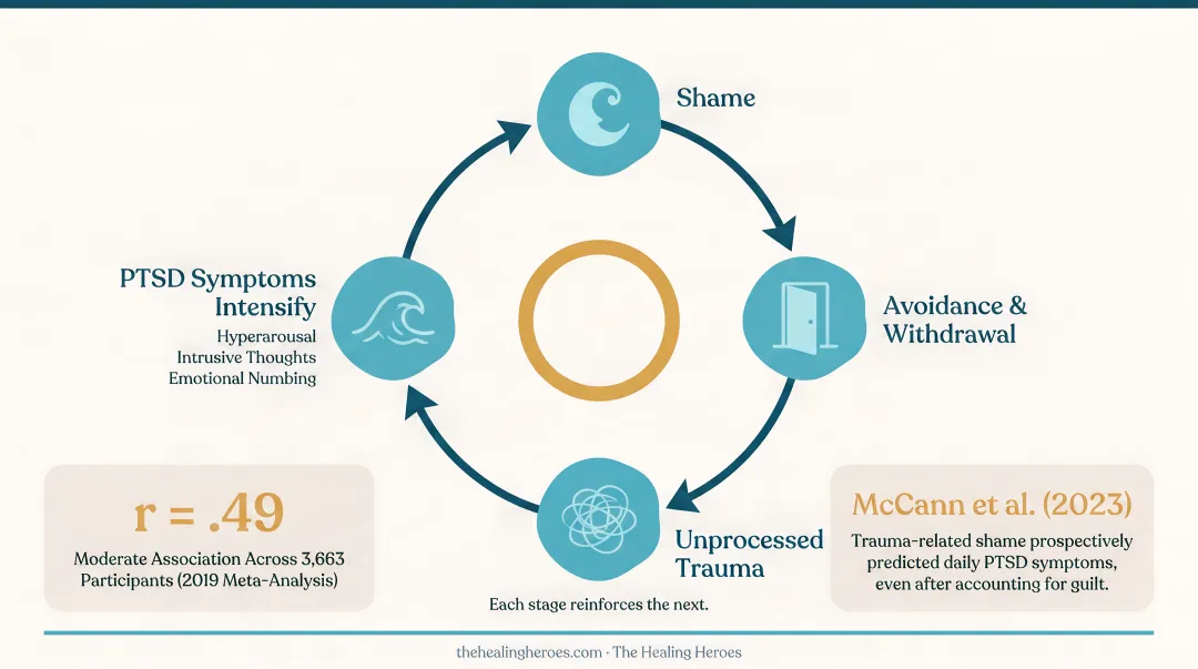 Shame and PTSD reinforcing cycle diagram showing avoidance feedback loop