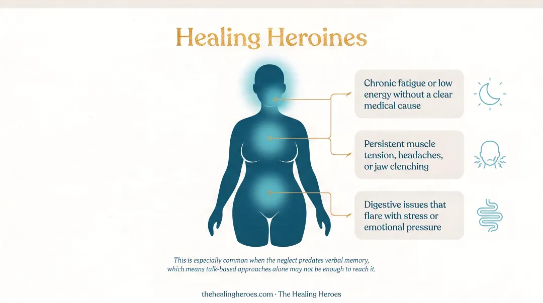 Four categories of childhood emotional neglect signs in women infographic