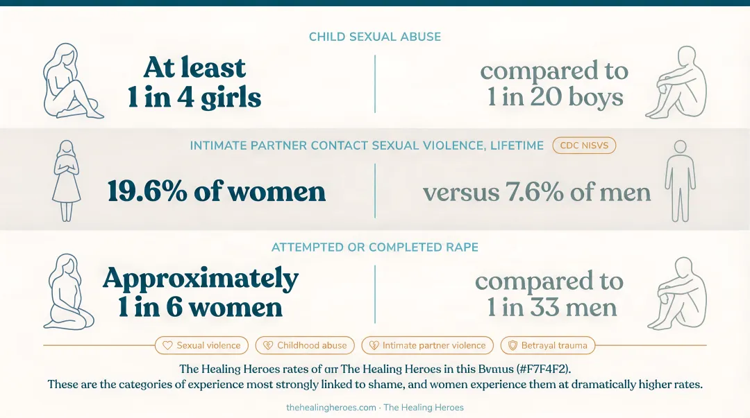 Statistics on women's disproportionate exposure to sexual and interpersonal trauma infographic