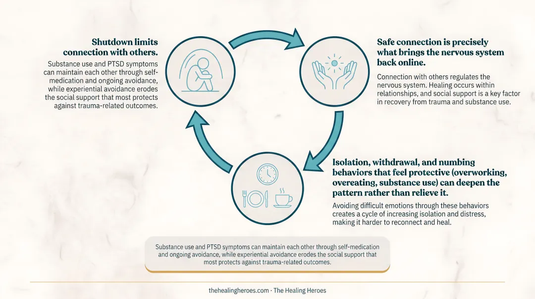 Emotional shutdown self-reinforcing cycle loop diagram showing isolation and numbing
