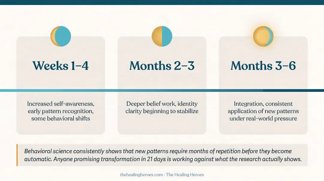 Three-phase mindset consulting transformation timeline from weeks to six months