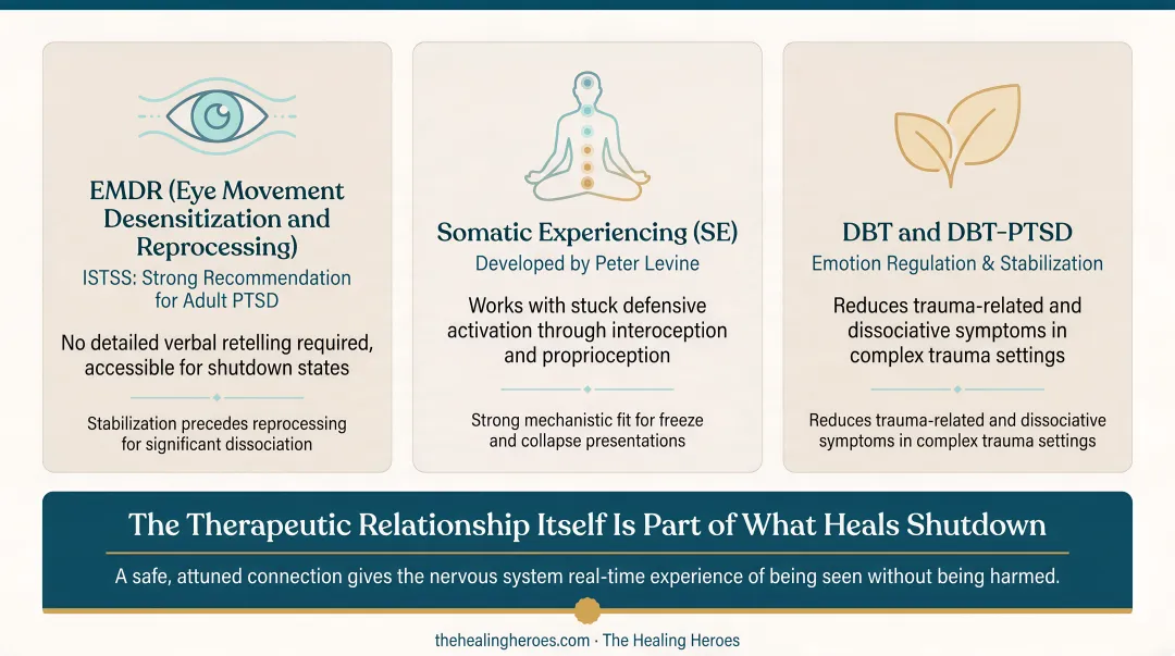 Three trauma-informed therapy modalities for emotional shutdown comparison infographic