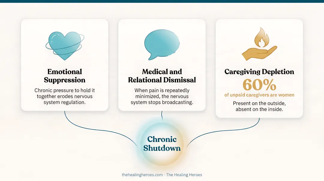 Three societal pressures pushing women toward chronic emotional shutdown infographic