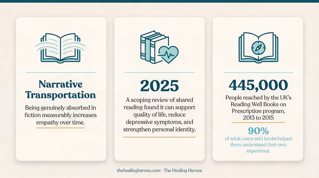 Reading and healing research statistics infographic showing key study findings