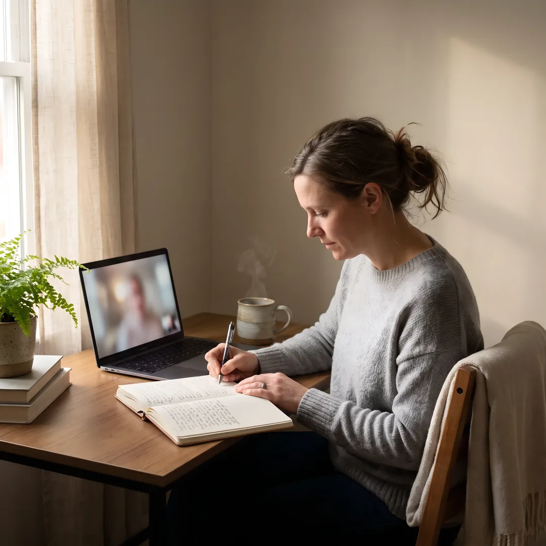 Woman reflecting during virtual burnout consultation