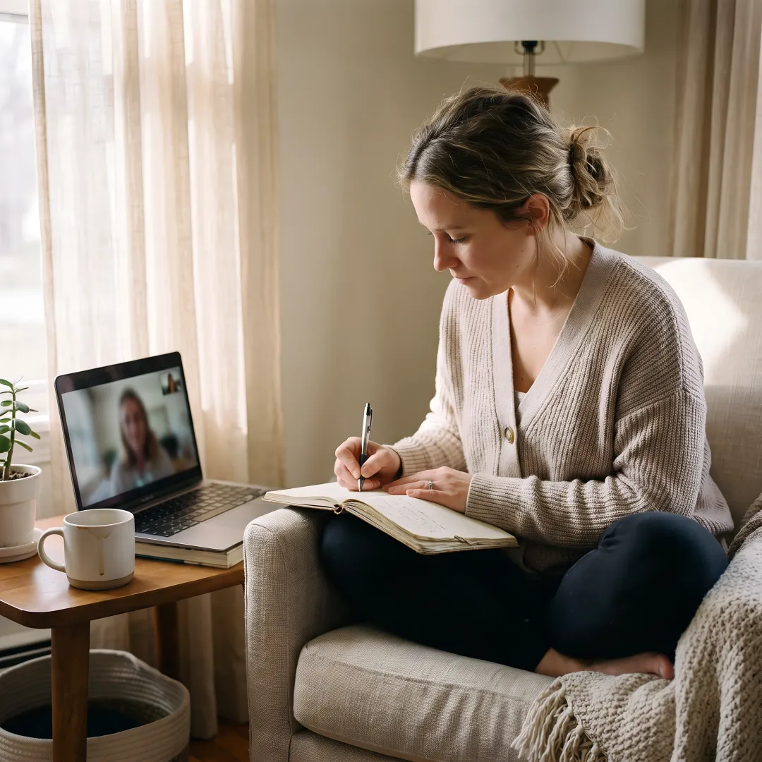 Woman journaling during a virtual wellness session