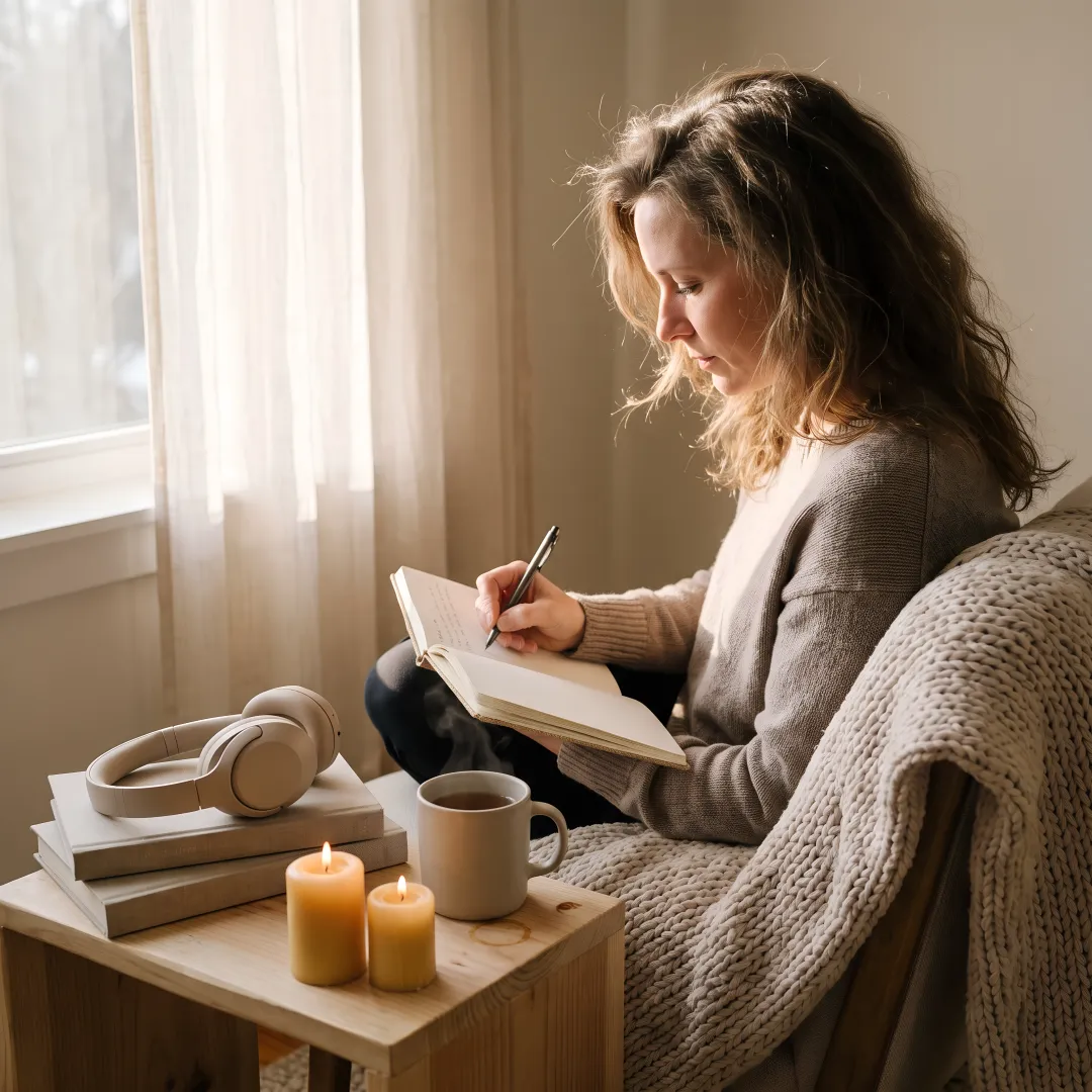 Woman reflecting with journal and wellness resources