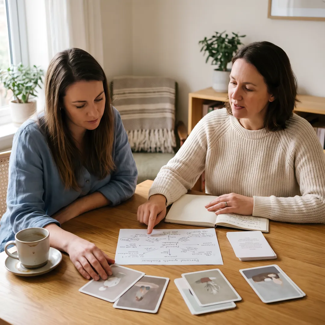 Consultant guiding a woman through a personal growth roadmap