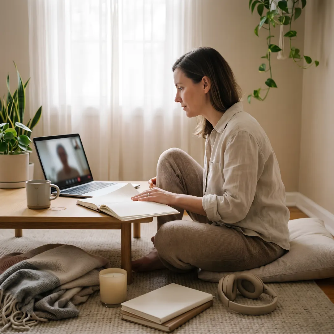 Woman in a calm virtual healing session