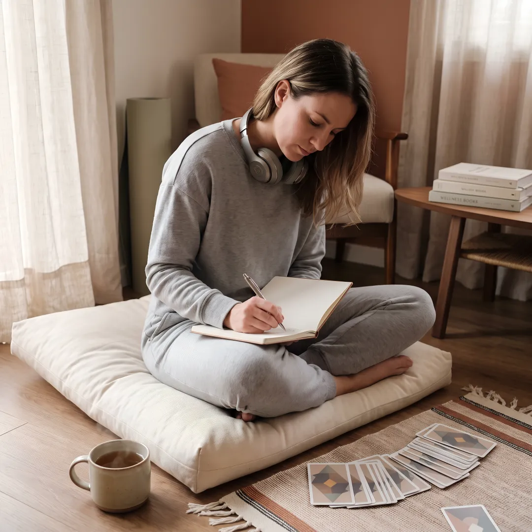 Woman exploring holistic wellness practices at home