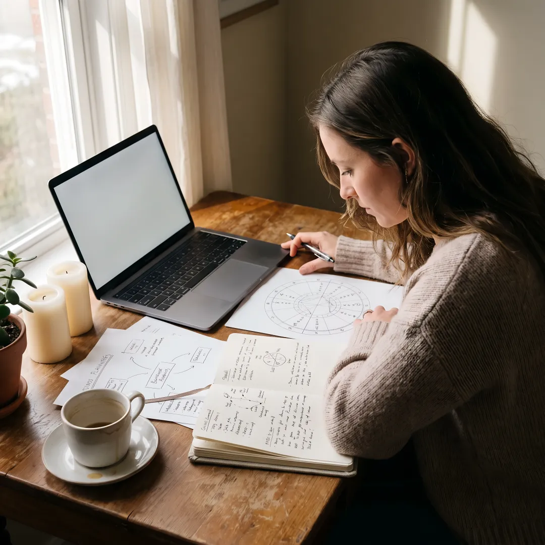 Woman reviewing an astrology chart for business clarity