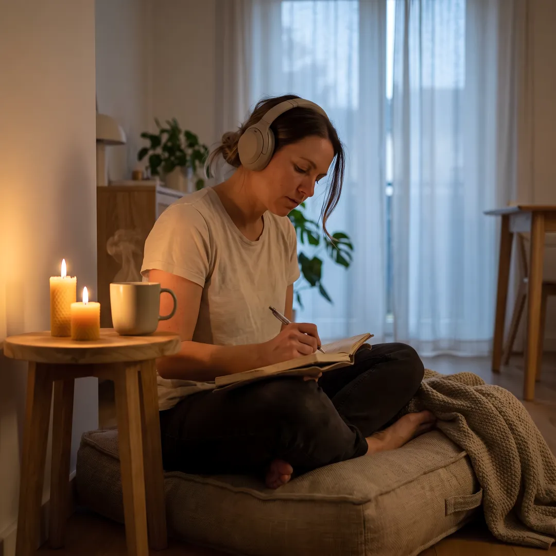 Woman listening to a self-love podcast