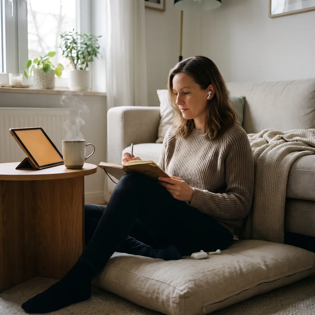 Woman journaling during a guided wellness session