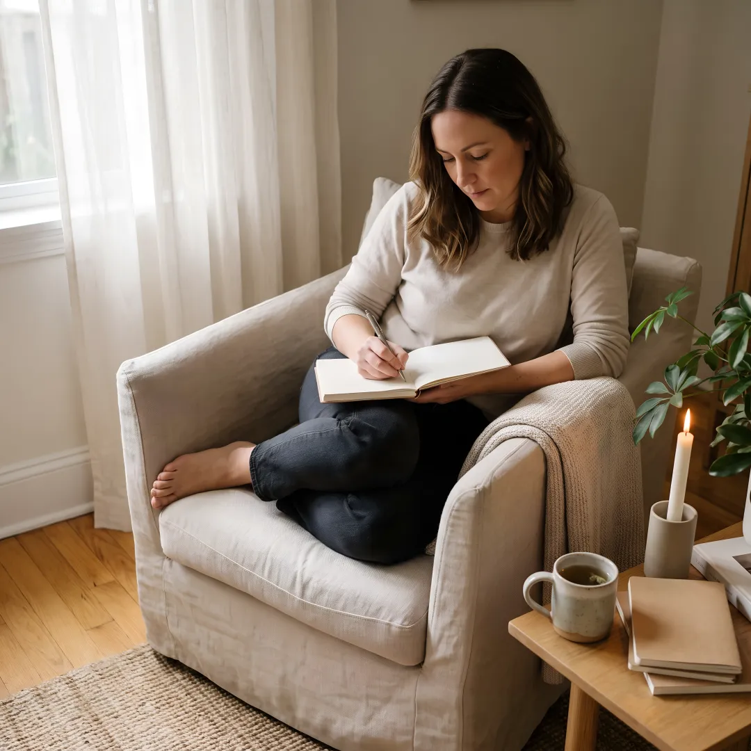 Woman journaling during a calming trauma support session