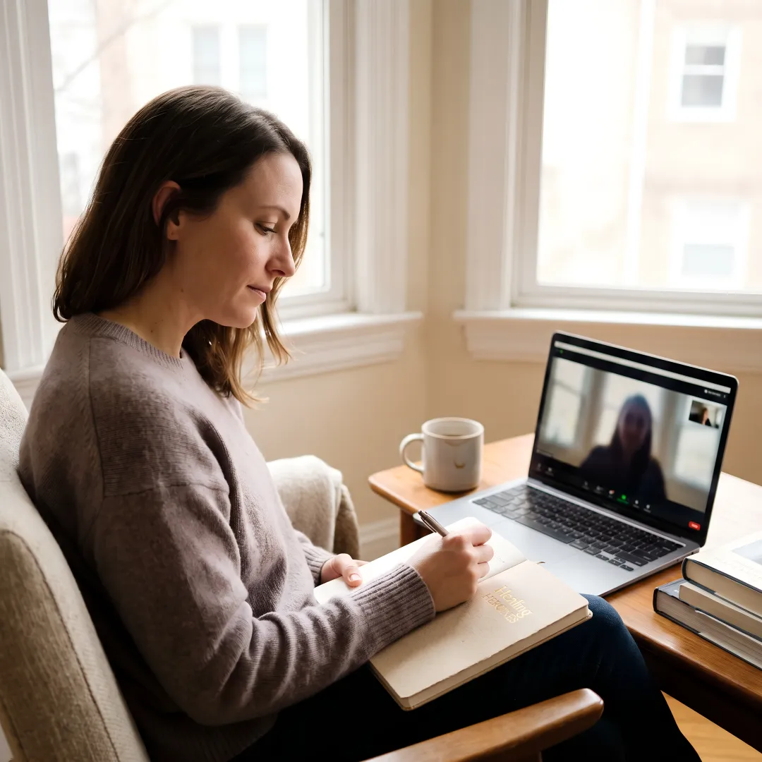 Woman journaling during a virtual wellness consultation