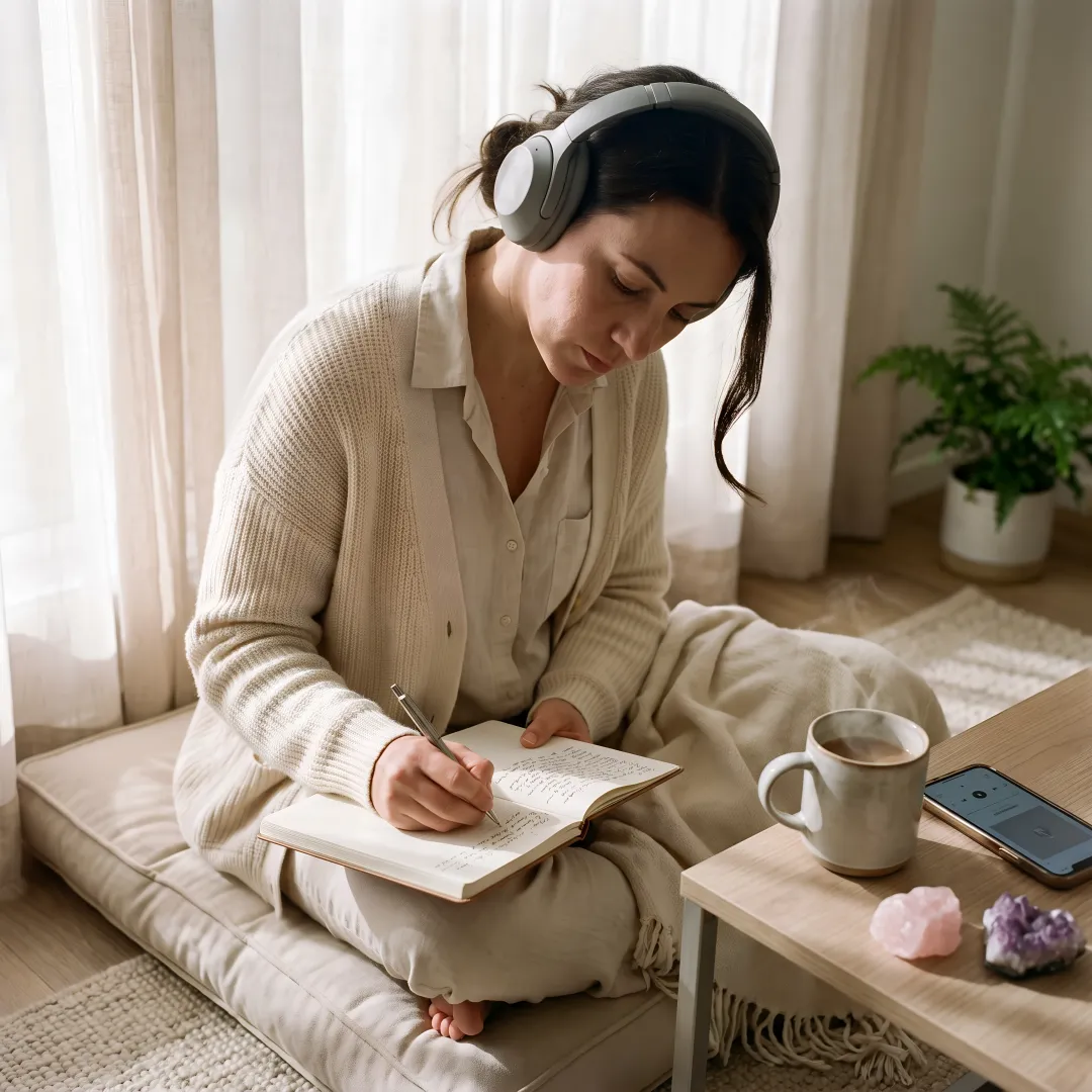 Woman listening to healing podcast with headphones