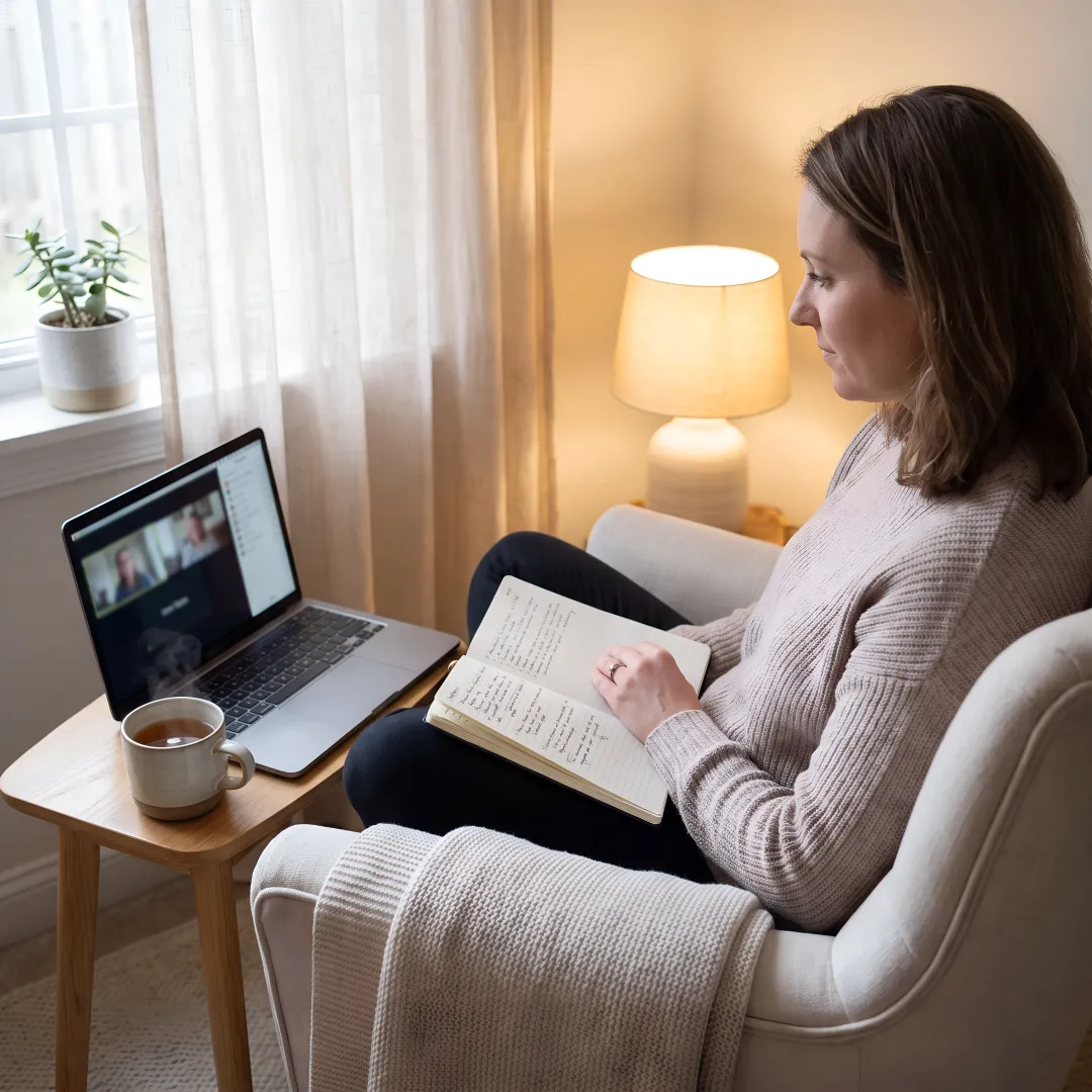 Woman reflecting during a virtual healing consultation