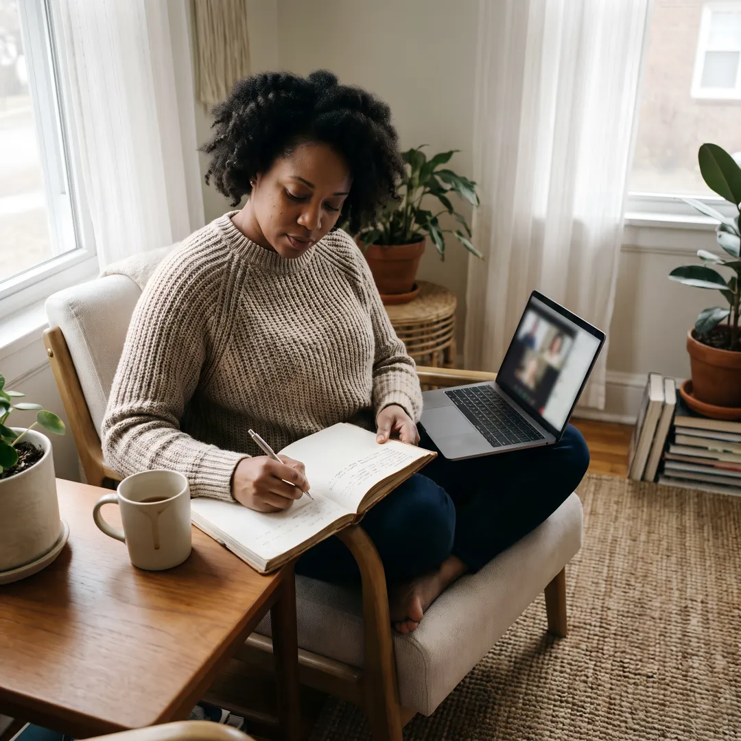 Woman journaling during a virtual healing consultation