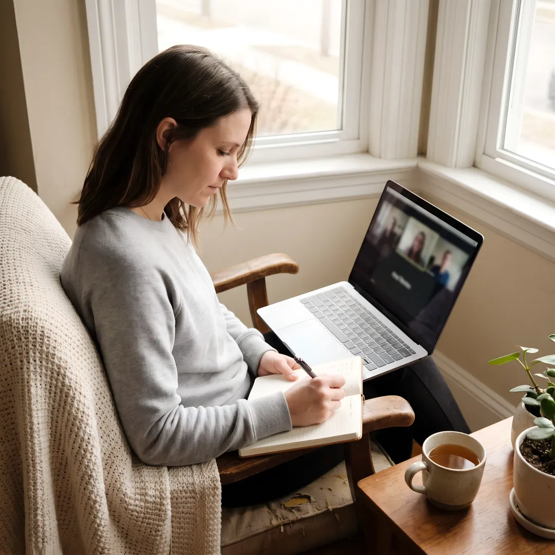Woman in virtual mindset consulting session