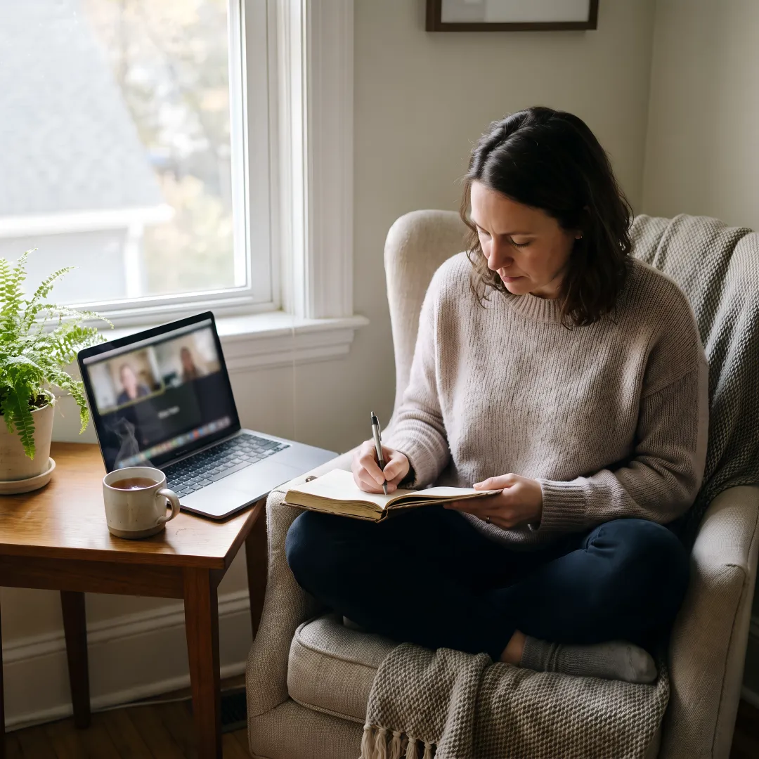 Woman journaling beside tea during a calming virtual healing session