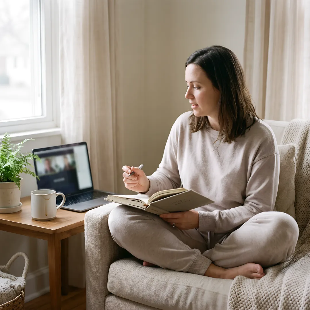 Woman journaling during virtual healing consultation