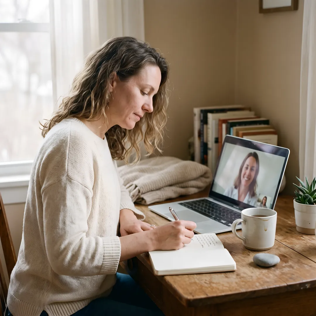 Woman journaling during a virtual empowerment session