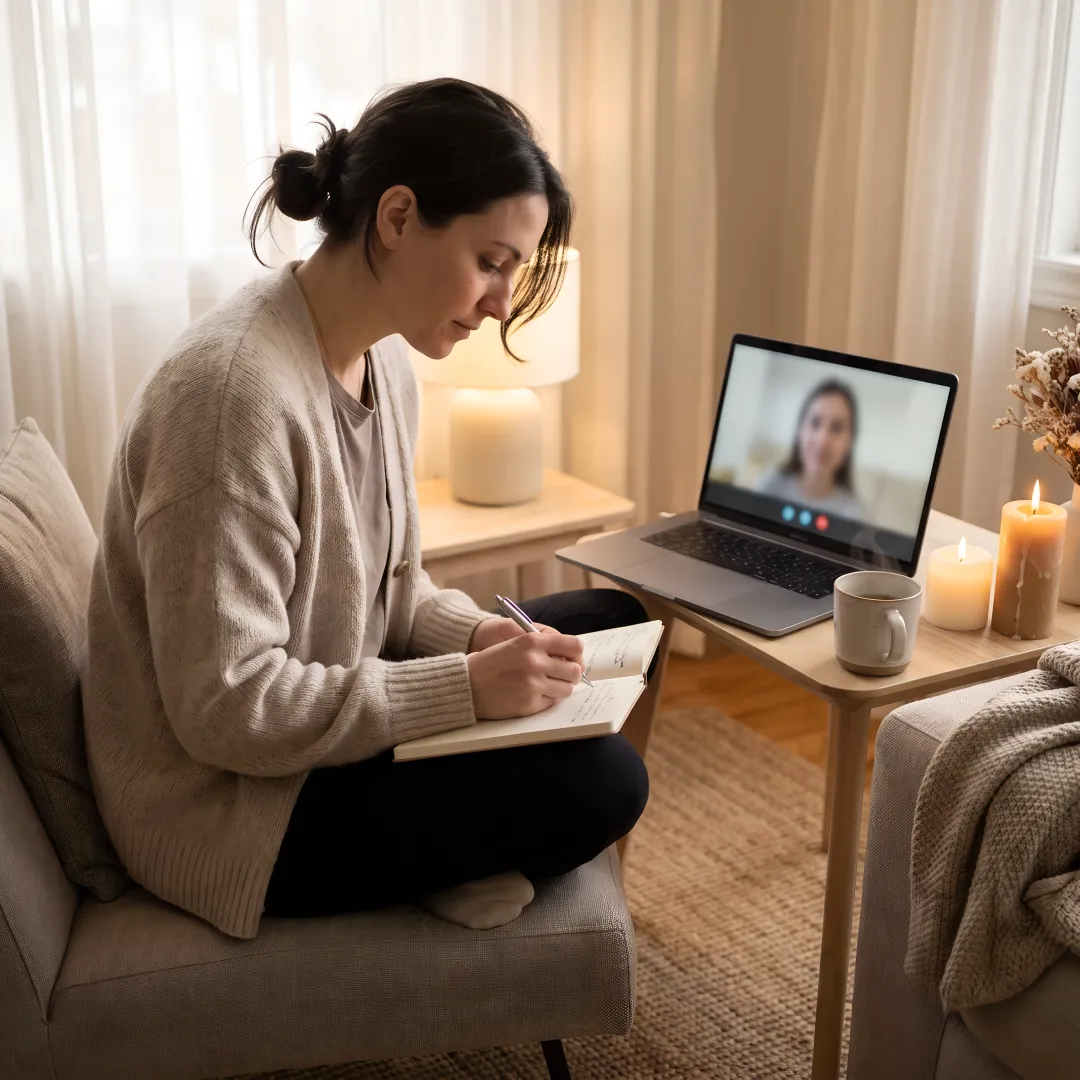 Woman journaling during a calming virtual wellness session