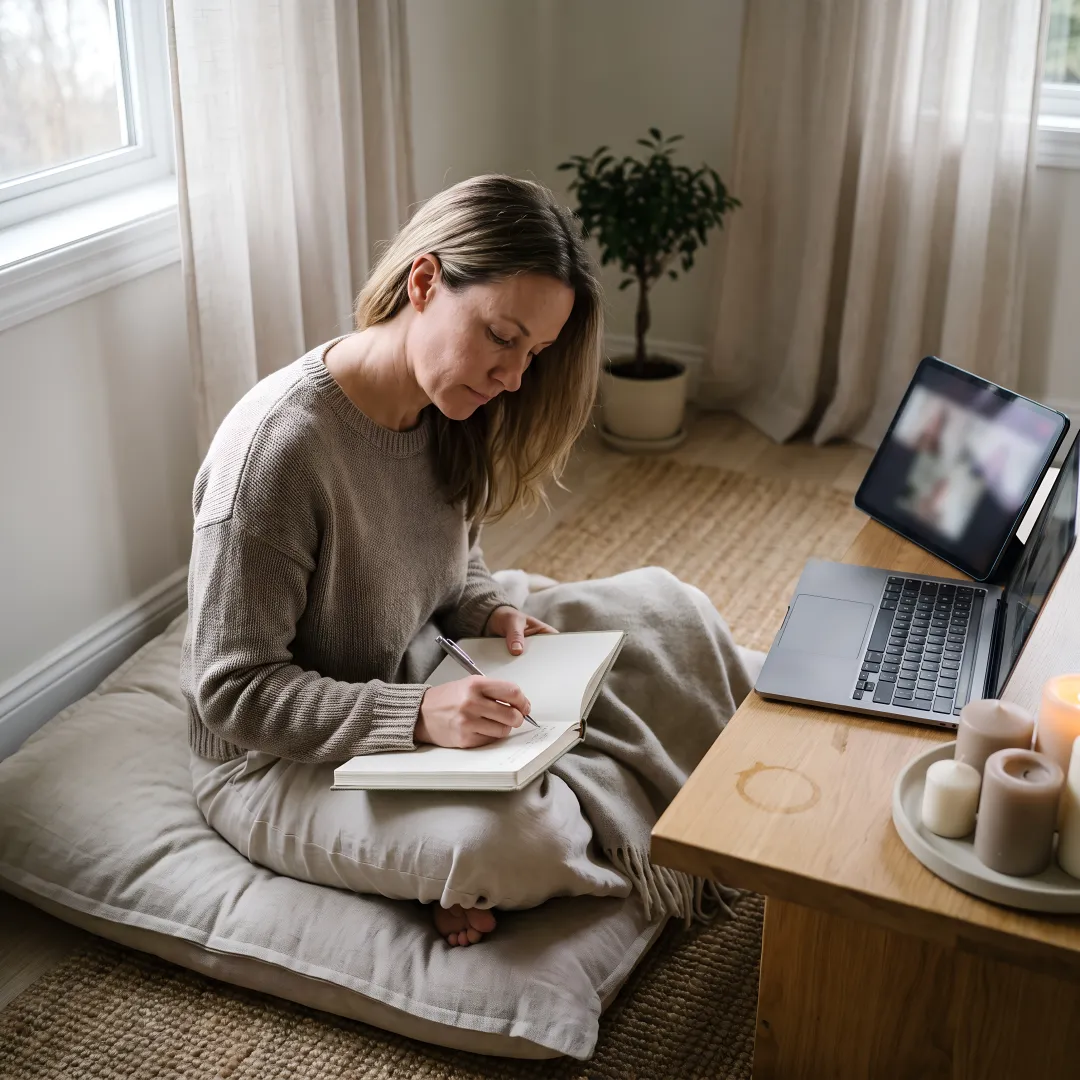 Woman journaling during virtual healing consultation
