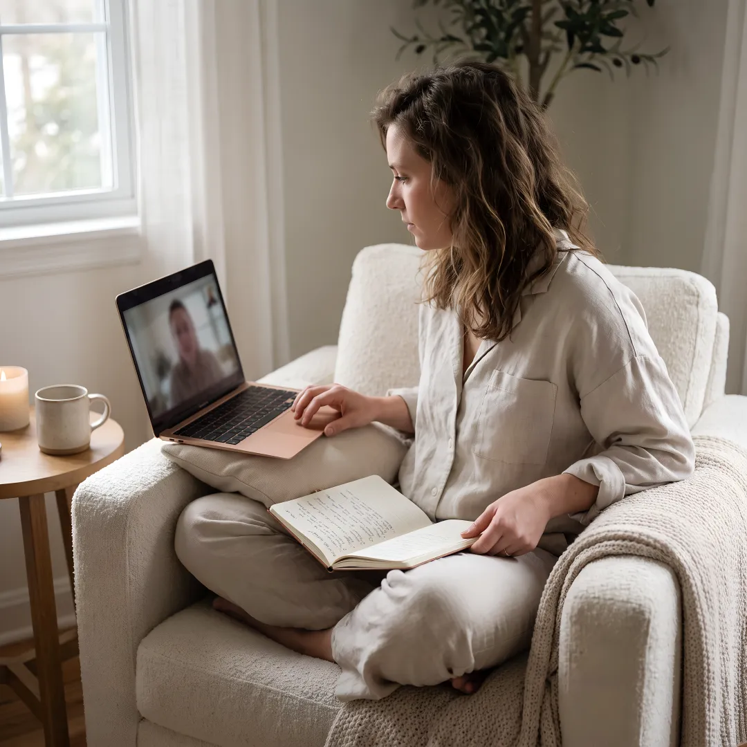 Woman in a calm virtual consultation session