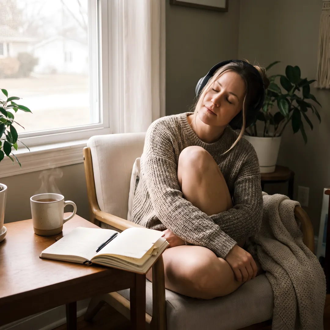 Woman listening to a mental health podcast