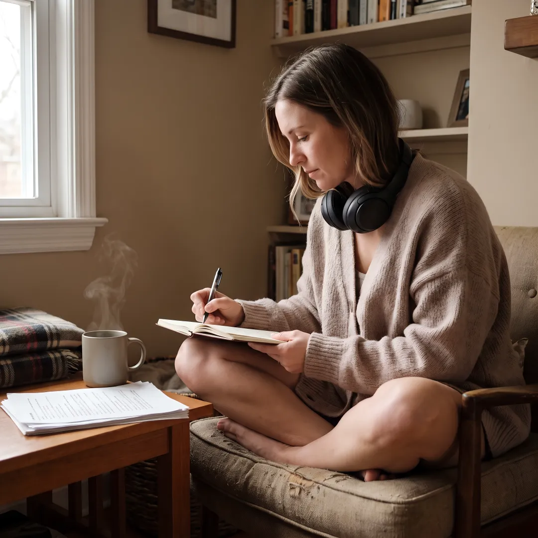 Woman reflecting with wellness journal and headphones