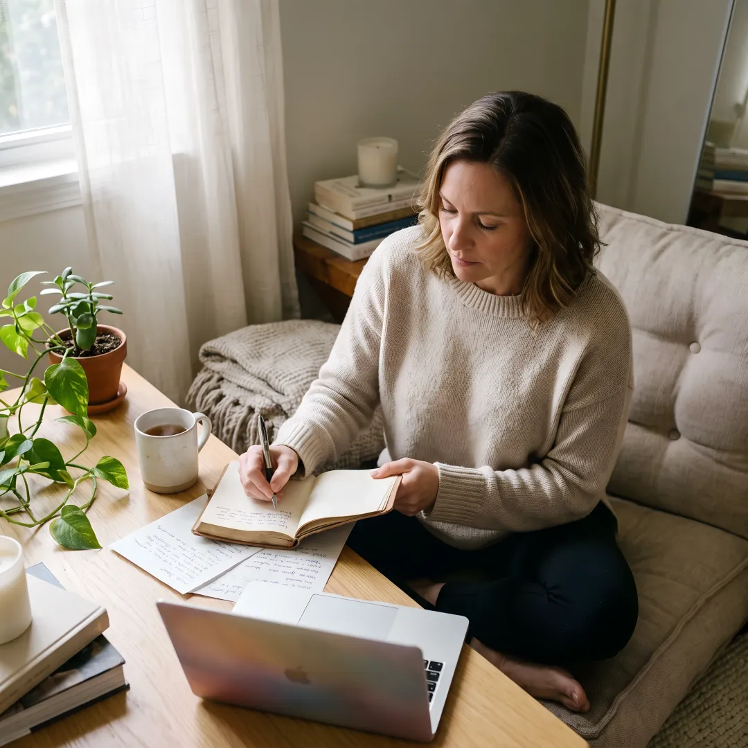 Woman journaling during virtual healing support session
